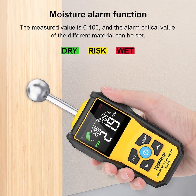 Temirup Store Moisture Meter, Pinless Moisture Meter –Wood Moisture Detector for Walls, Drywall, Firewood & Concrete, Digital Moisture Tester with 3-Color LCD Display Reader, Audible Alarm & Hold Function - Image 4
